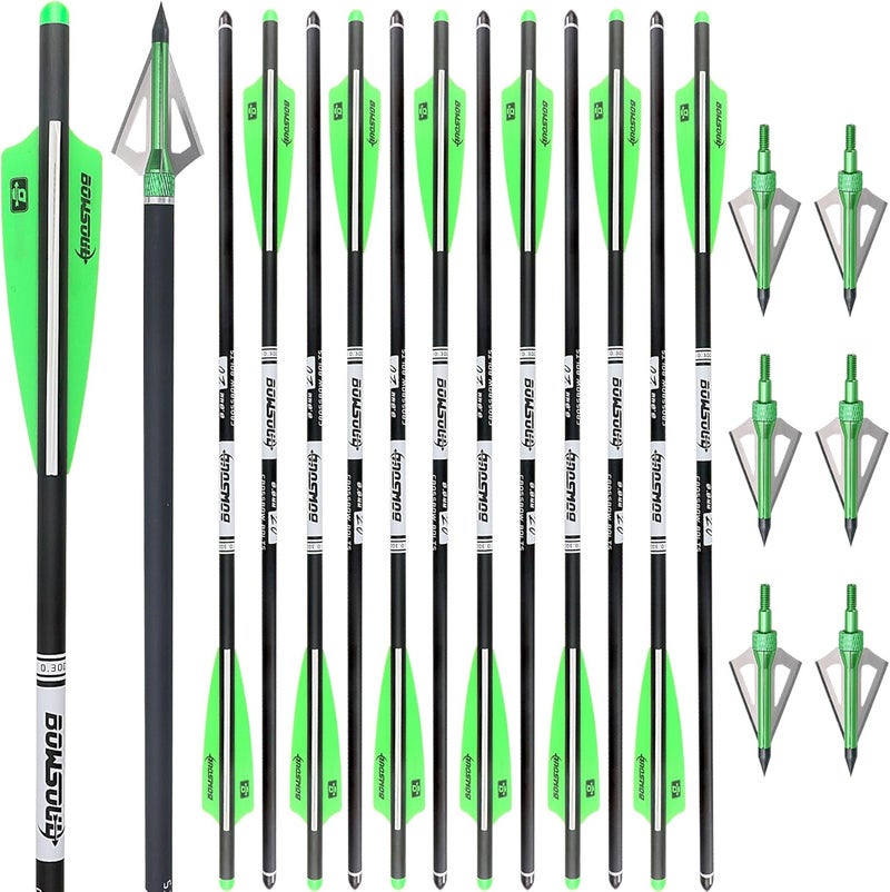 BOWSOUL Crossbow Bolts 20 22 Inch Carbon Archery Arrows 12 Pack and 6 Pack 3 Blade Hunting Broadhead Set - Image 1